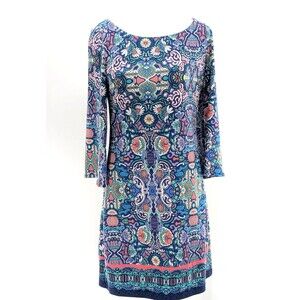 Laundry by Shelli Segal Colorful Blue Moroccan Damask Lined Shift Dress Size XS